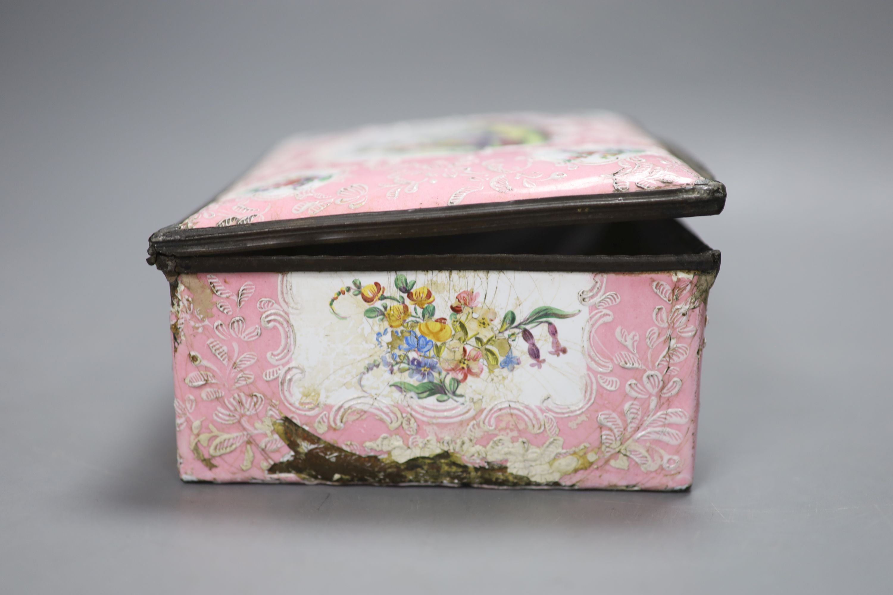 A French pink ground enamel box, length 19cm (a.f.)